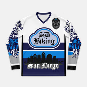 Youth SD Biking Long Sleeve, V-Neck Blue & White Retro Jersey